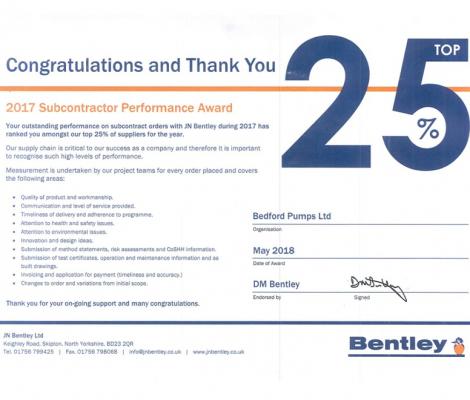 Bedford Pumps receive Subcontractor Performance Accolade